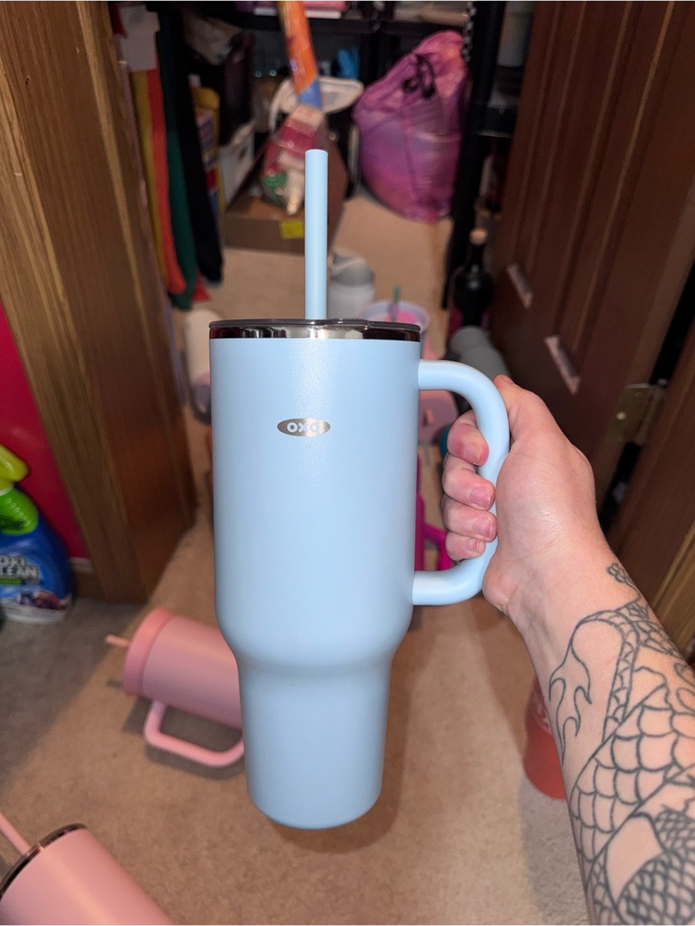 Oxo Light Blue Insulated Travel Mug with Handle and Straw